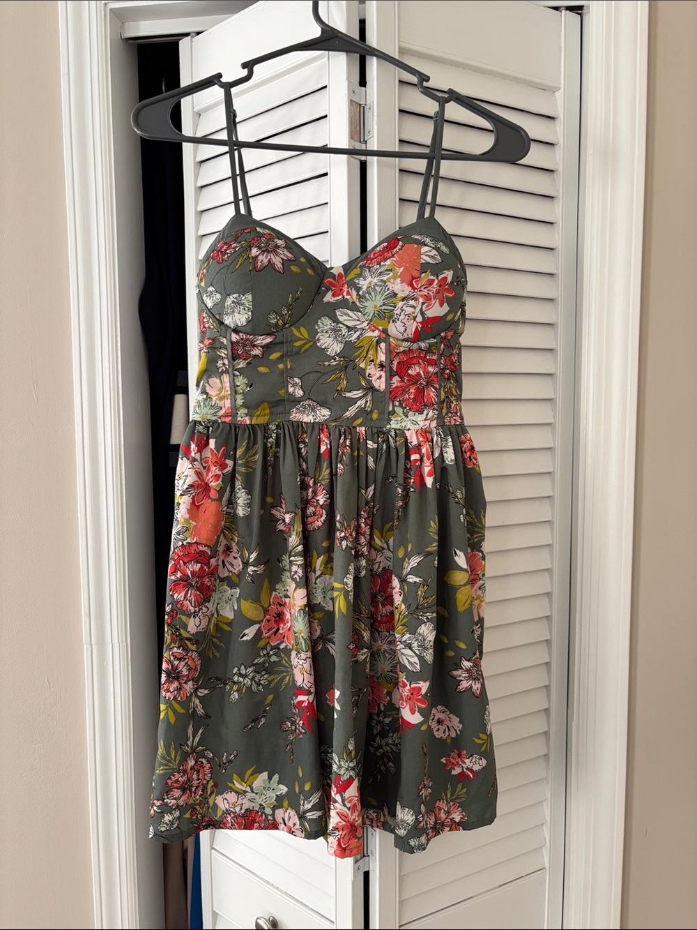 Floral Olive Green Spaghetti Strap Sundress